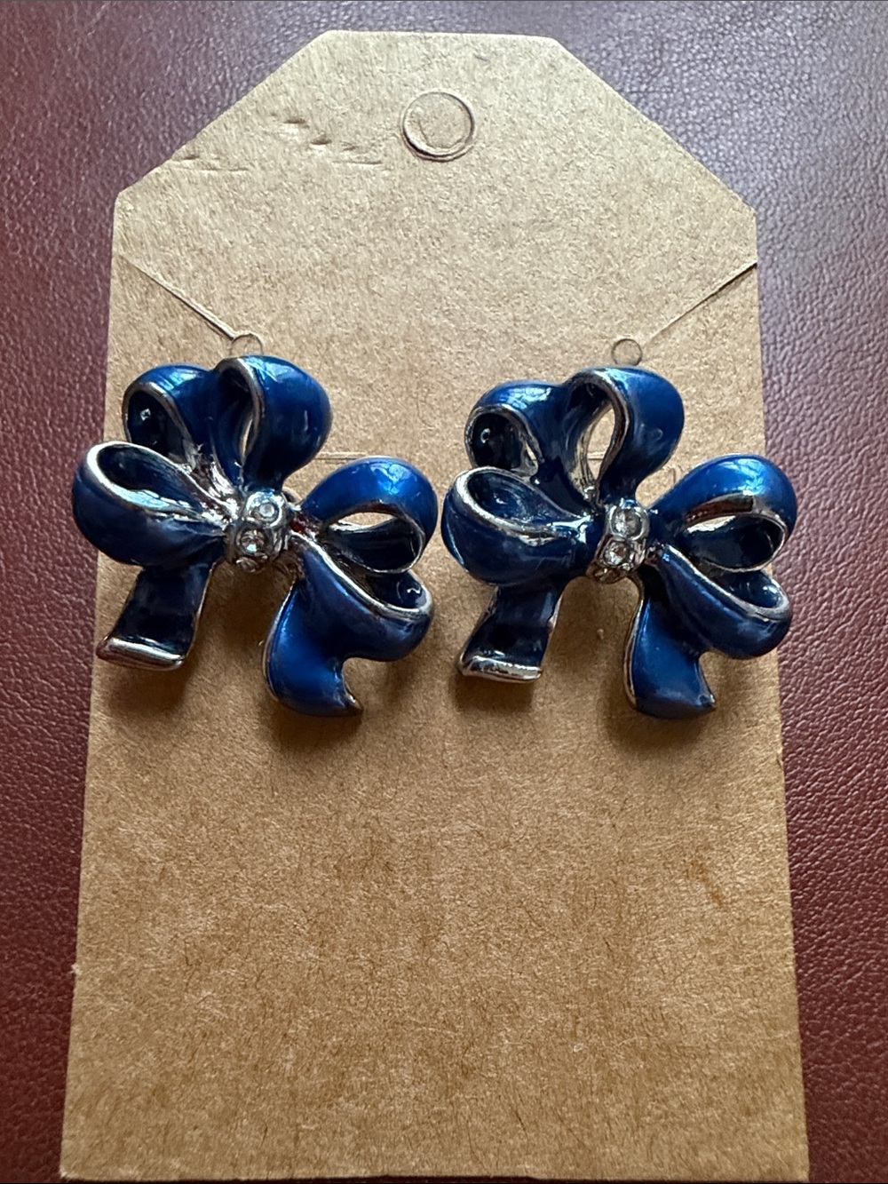 Blue Bow Earrings - Silver Tone with Rhinestones